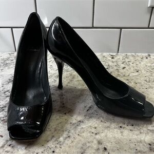 Stuart Weitzman Glossy Black Peep-Toe Heels